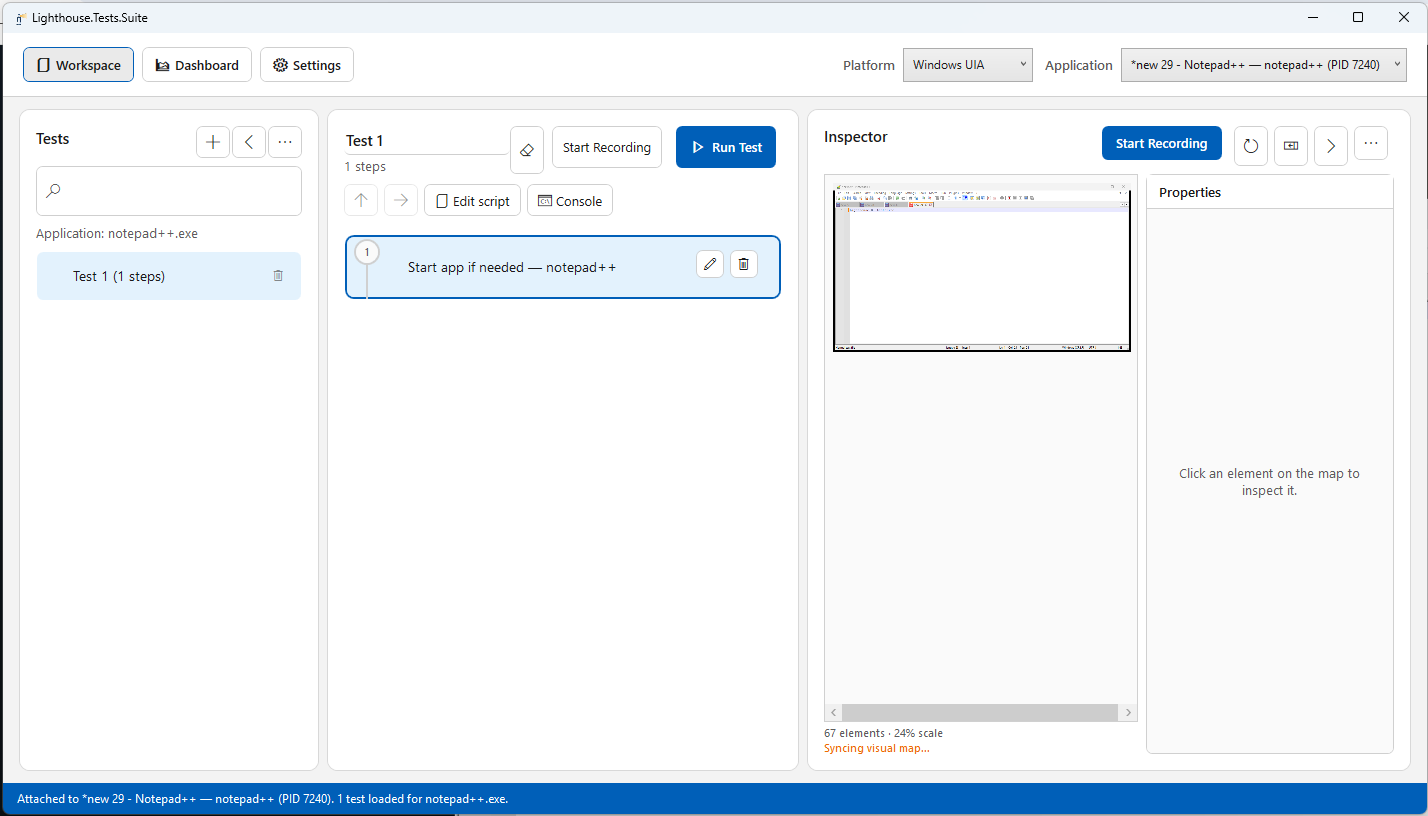 Lighthouse Tests Suite workspace attached to a desktop app
